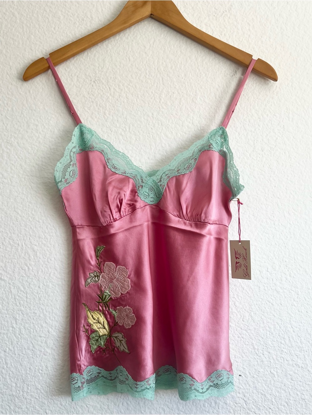Gold Hawk 💯 Silk Pink Embroidered Camisole with Mint Lace